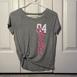 Girls Justice grey t shirt with pink lettering.